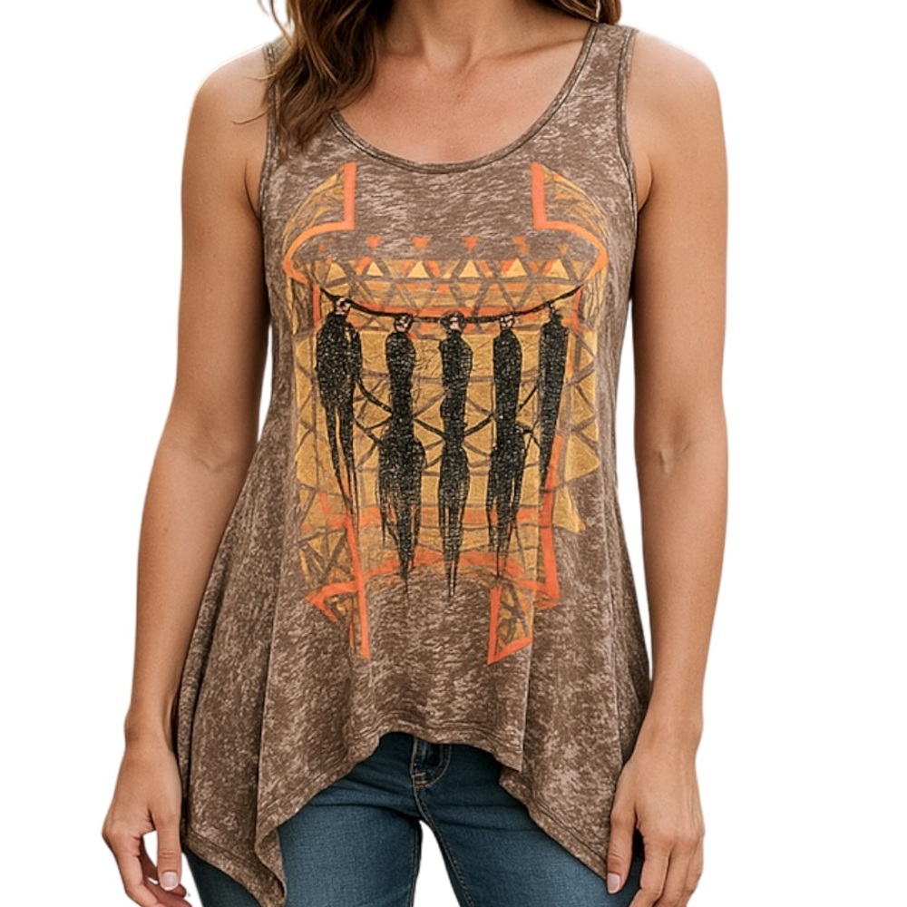 URBAN X BOHO TANK TOP Asymmetrical Distressed Brown Sleeveless Top SZ Small